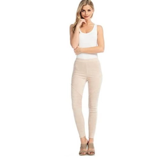 Venti6 faux suede moto legging in a light tan color. - Picture 6 of 13